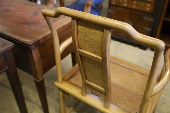 A pair of Chinese Ming style hardwood elbow chairs, with caned seats, W.54cm, D.48cm, H.95cm